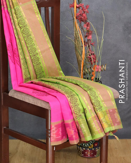 Semi silk cotton saree pink and light green with floral butta prints and ikat woven zari border - {{ collection.title }} by Prashanti Sarees