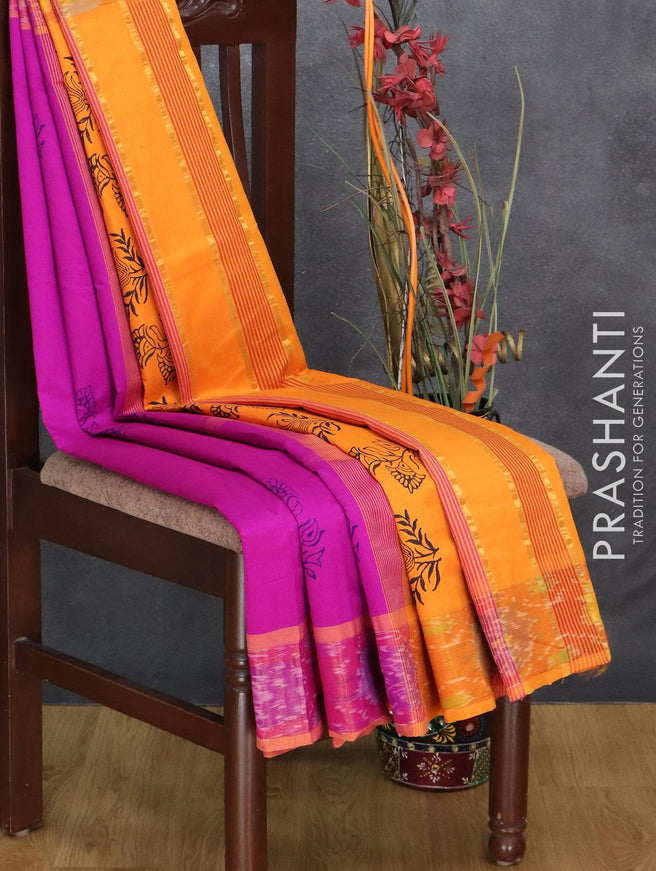 Semi silk cotton saree purple and orange with butta prints and ikat woven zari border - {{ collection.title }} by Prashanti Sarees