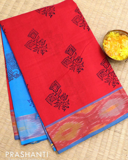 Semi silk cotton saree red and light blue with floral butta prints and ikat woven zari border - {{ collection.title }} by Prashanti Sarees