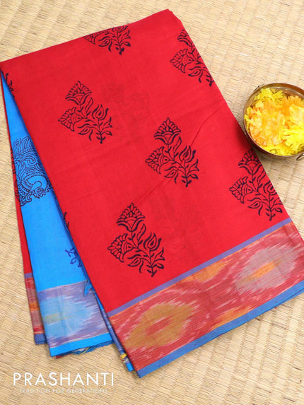 Semi silk cotton saree red and light blue with floral butta prints and ikat woven zari border - {{ collection.title }} by Prashanti Sarees