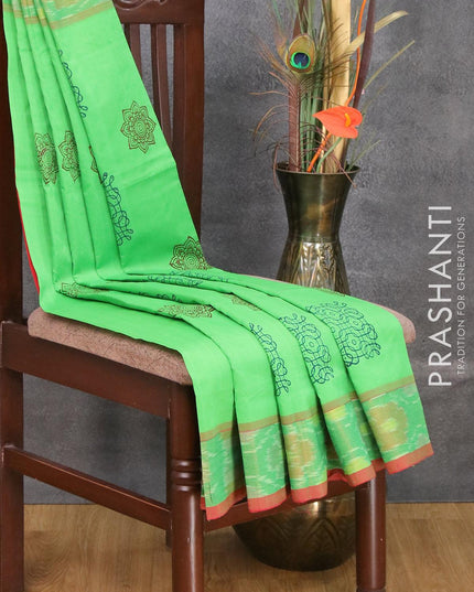 Semi silk cotton saree red and light green with butta prints and zari woven border - {{ collection.title }} by Prashanti Sarees