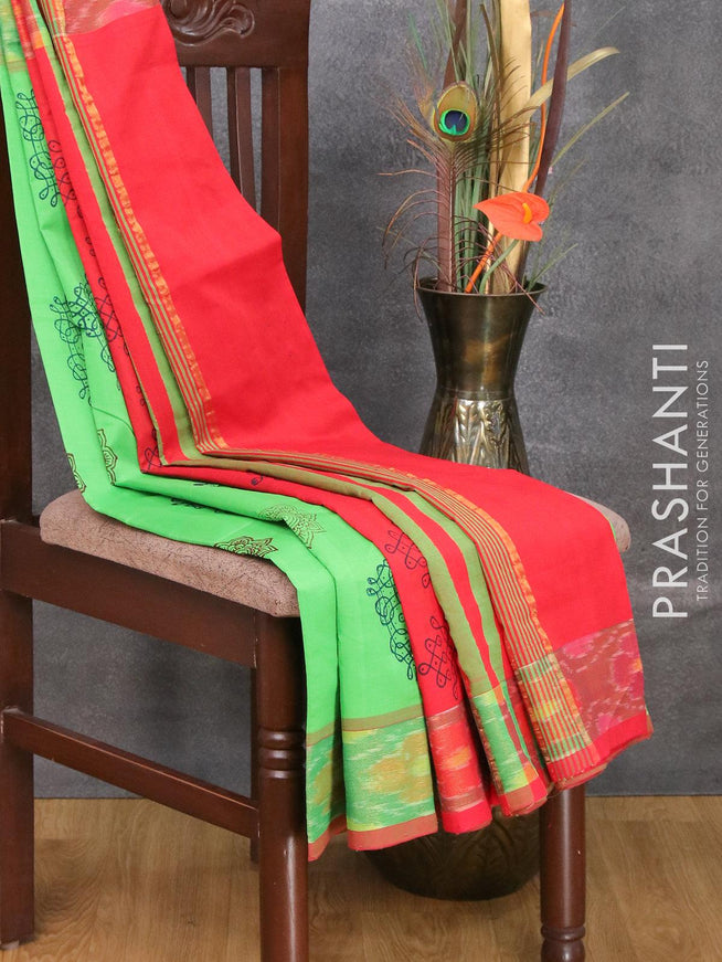 Semi silk cotton saree red and light green with butta prints and zari woven border - {{ collection.title }} by Prashanti Sarees