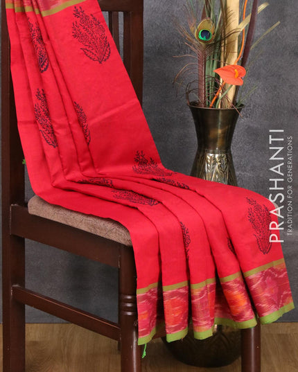 Semi silk cotton saree red and light green with floral butta prints and ikat woven zari border - {{ collection.title }} by Prashanti Sarees