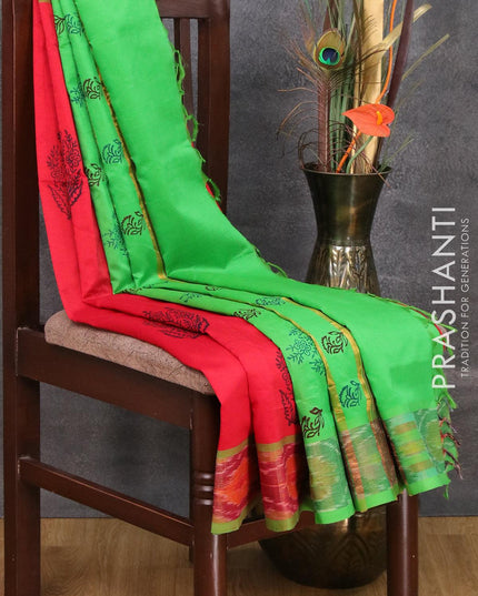 Semi silk cotton saree red and light green with floral butta prints and ikat woven zari border - {{ collection.title }} by Prashanti Sarees