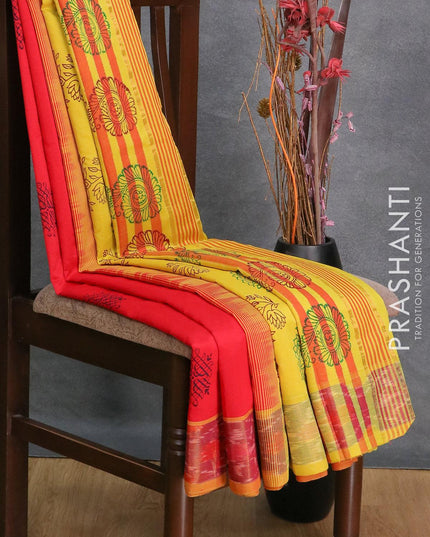 Semi silk cotton saree red and yellow with allover prints and ikat zari woven border - {{ collection.title }} by Prashanti Sarees