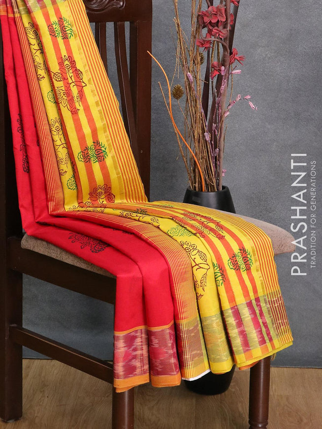 Semi silk cotton saree red and yellow with butta prints and ikat woven zari border - {{ collection.title }} by Prashanti Sarees