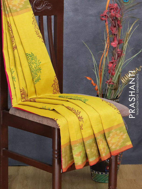 Semi silk cotton saree yellow and pink with floral butta prints and ikat woven zari border - {{ collection.title }} by Prashanti Sarees
