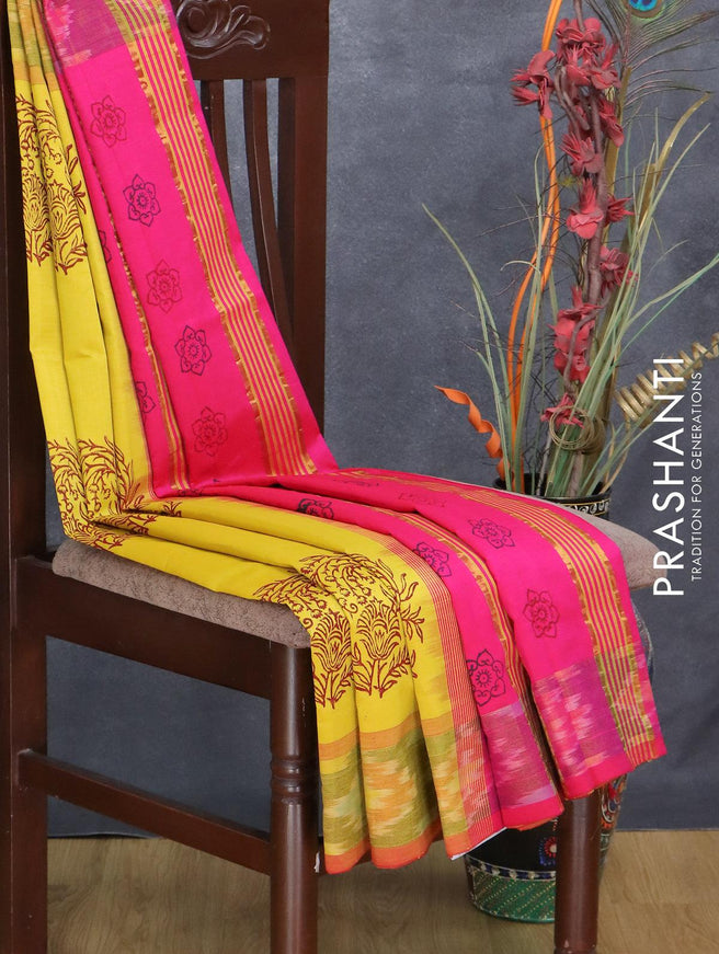 Semi silk cotton saree yellow and pink with floral butta prints and ikat woven zari border - {{ collection.title }} by Prashanti Sarees