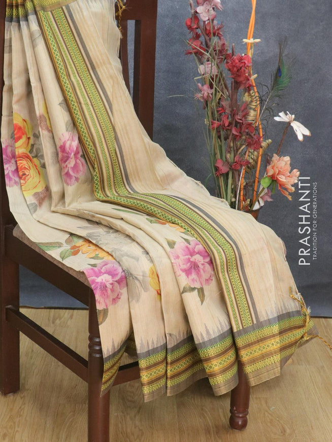 Semi tussar dupion saree beige and black with allover floral prints and vidarbha style border - ZVH0816-4 - {{ collection.title }} by Prashanti Sarees