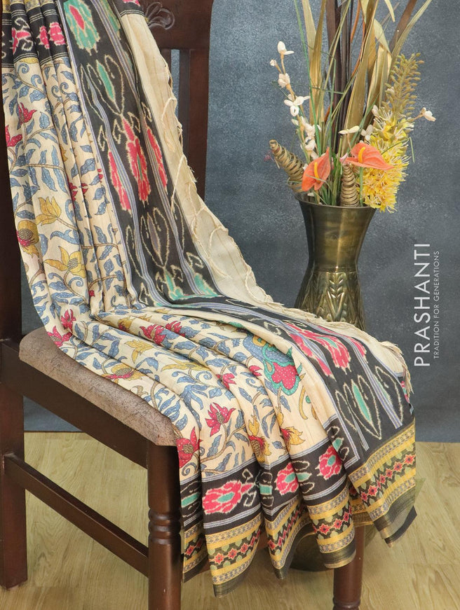 Semi tussar dupion saree beige and black with allover prints and vidarbha style border - {{ collection.title }} by Prashanti Sarees
