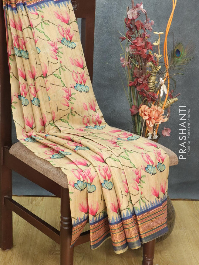 Semi tussar dupion saree beige and blue with allover prints and vidarbha style border - {{ collection.title }} by Prashanti Sarees