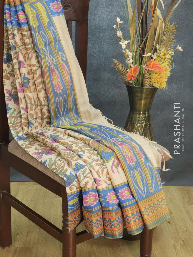 Semi tussar dupion saree beige and blue with allover prints and vidarbha style border - {{ collection.title }} by Prashanti Sarees