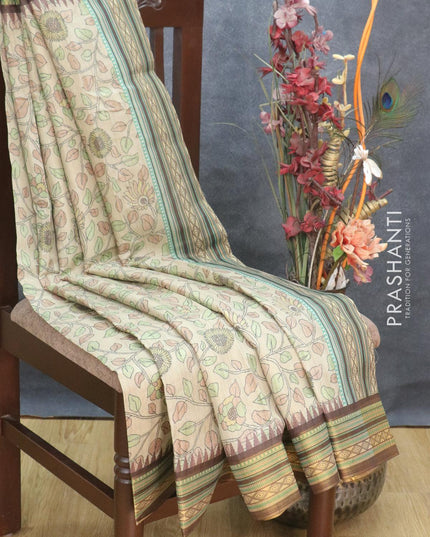 Semi tussar dupion saree beige and brown with allover floral prints and vidarbha style border - {{ collection.title }} by Prashanti Sarees