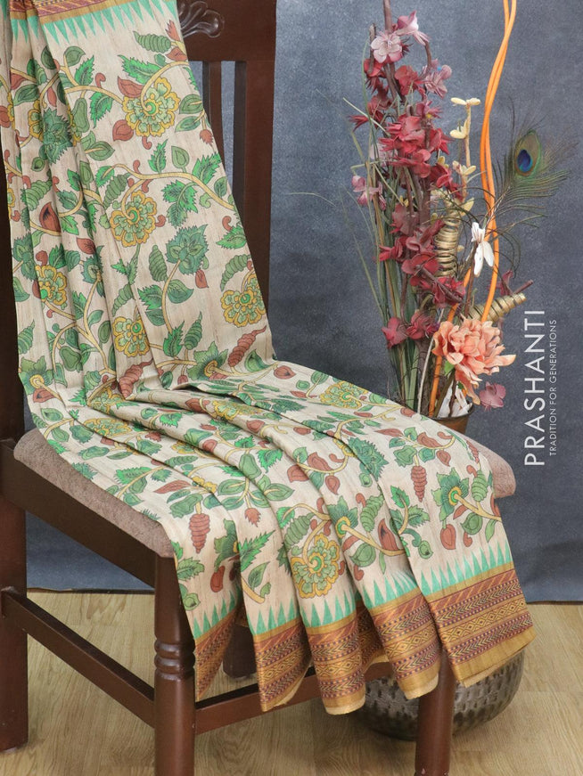 Semi tussar dupion saree beige and dark mustard with allover prints and vidarbha style border - {{ collection.title }} by Prashanti Sarees