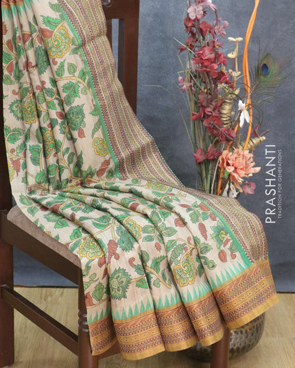 Semi tussar dupion saree beige and dark mustard with allover prints and vidarbha style border - {{ collection.title }} by Prashanti Sarees