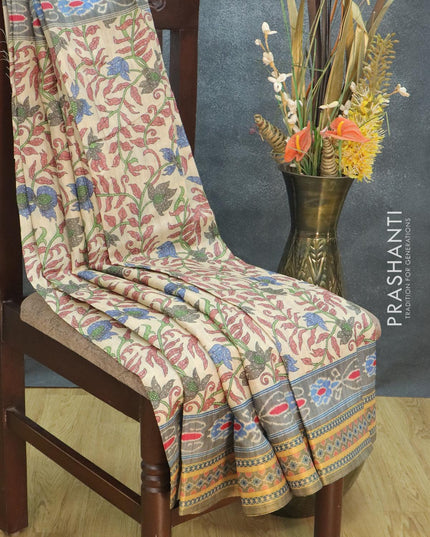 Semi tussar dupion saree beige and grey with allover prints and vidarbha style border - {{ collection.title }} by Prashanti Sarees