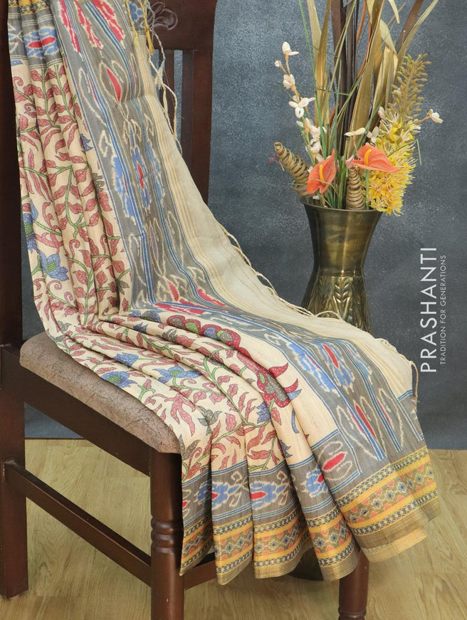Semi tussar dupion saree beige and grey with allover prints and vidarbha style border - {{ collection.title }} by Prashanti Sarees
