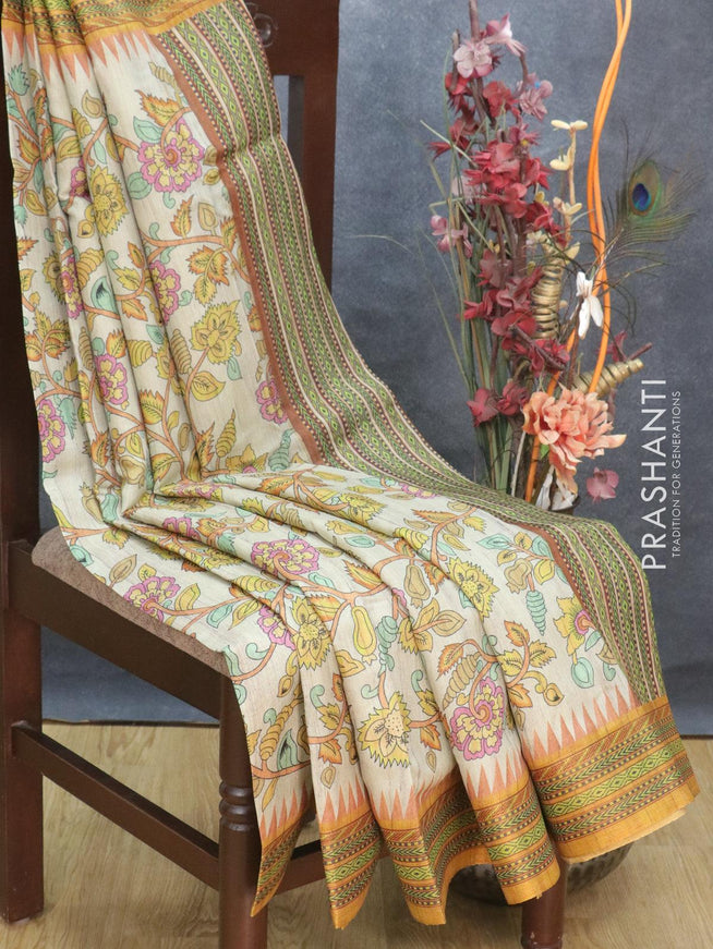 Semi tussar dupion saree beige and mustard yellow with allover prints and vidarbha style border - {{ collection.title }} by Prashanti Sarees