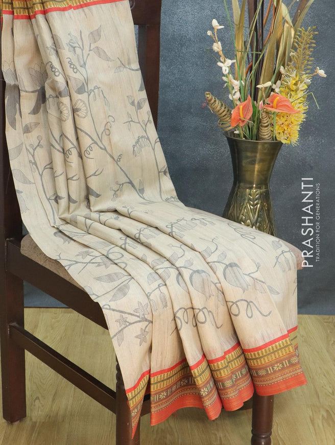 Semi tussar dupion saree beige and orange with allover prints and vidarbha style border - {{ collection.title }} by Prashanti Sarees