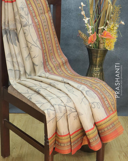 Semi tussar dupion saree beige and orange with allover prints and vidarbha style border - {{ collection.title }} by Prashanti Sarees
