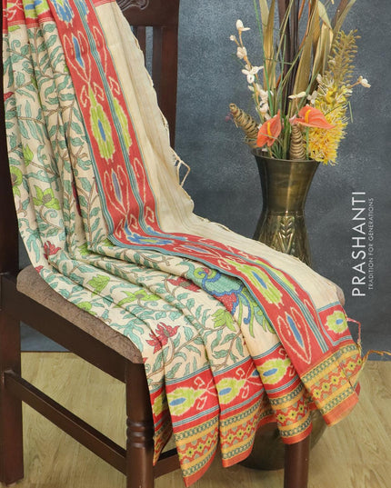 Semi tussar dupion saree beige and red with allover prints and vidarbha style border - {{ collection.title }} by Prashanti Sarees