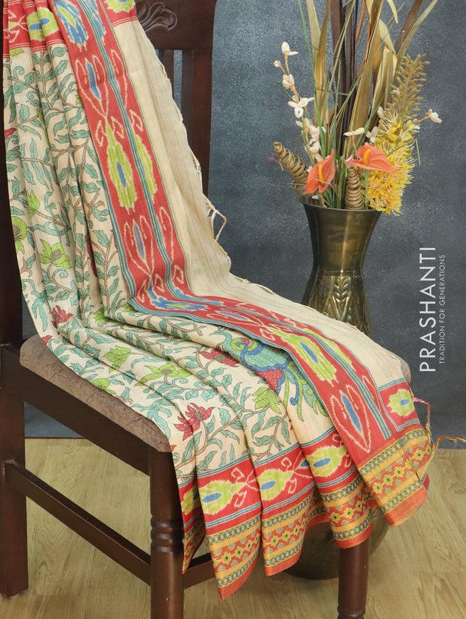 Semi tussar dupion saree beige and red with allover prints and vidarbha style border - {{ collection.title }} by Prashanti Sarees