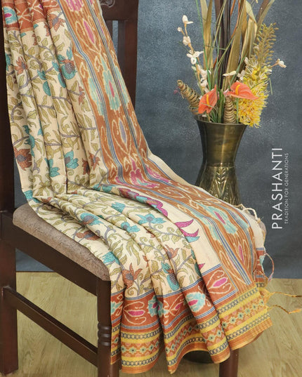 Semi tussar dupion saree beige and rust with allover prints and vidarbha style border - {{ collection.title }} by Prashanti Sarees