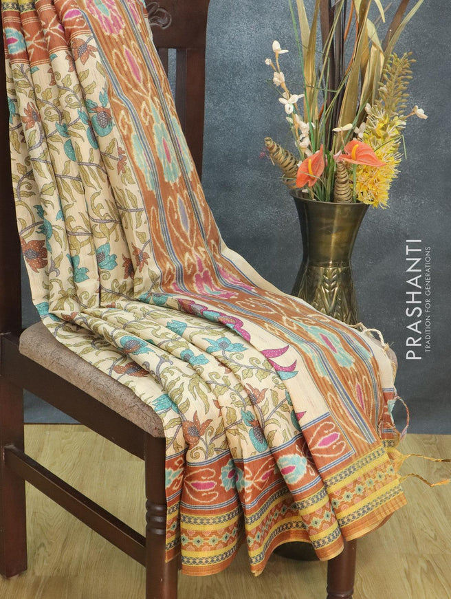 Semi tussar dupion saree beige and rust with allover prints and vidarbha style border - {{ collection.title }} by Prashanti Sarees
