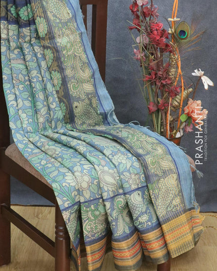 Semi tussar dupion saree blue shade and grey with allover prints and vidarbha style border - {{ collection.title }} by Prashanti Sarees