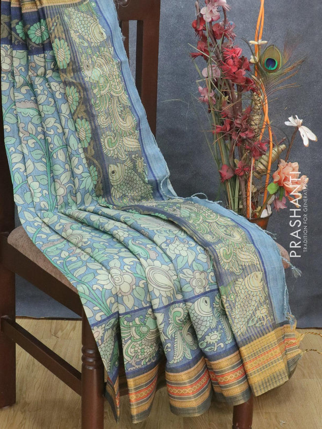 Semi tussar dupion saree blue shade and grey with allover prints and vidarbha style border - {{ collection.title }} by Prashanti Sarees