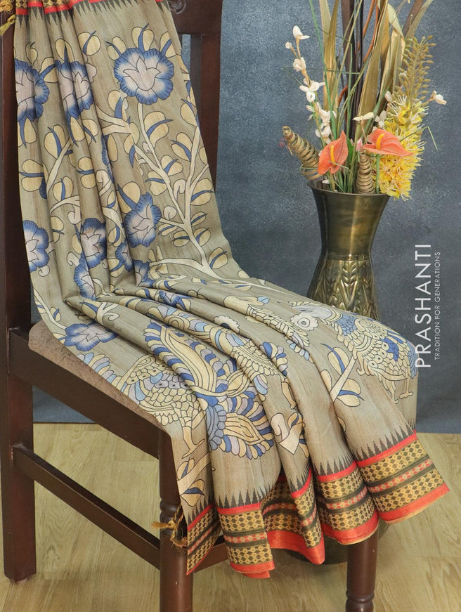 Semi tussar dupion saree chikku shade and red with allover prints and vidarbha style border - {{ collection.title }} by Prashanti Sarees