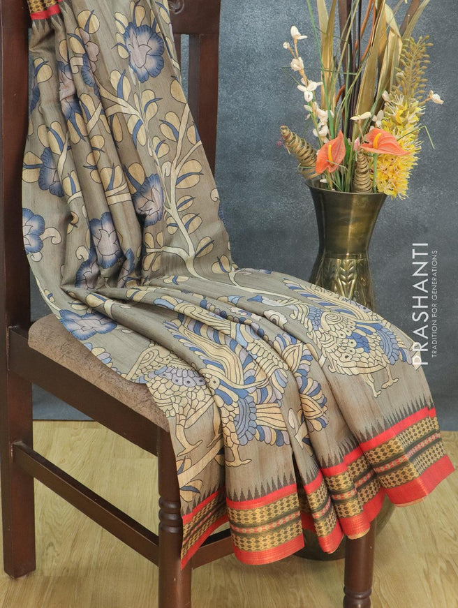 Semi tussar dupion saree chikku shade and red with allover prints and vidarbha style border - {{ collection.title }} by Prashanti Sarees