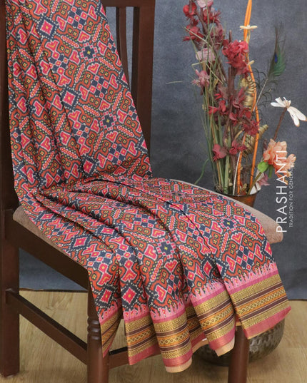 Semi tussar dupion saree dark blue and mauve pink with allover prints and vidarbha style border - {{ collection.title }} by Prashanti Sarees
