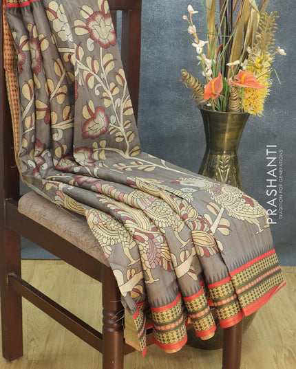 Semi tussar dupion saree dark grey and orange with allover prints and vidarbha style border - {{ collection.title }} by Prashanti Sarees