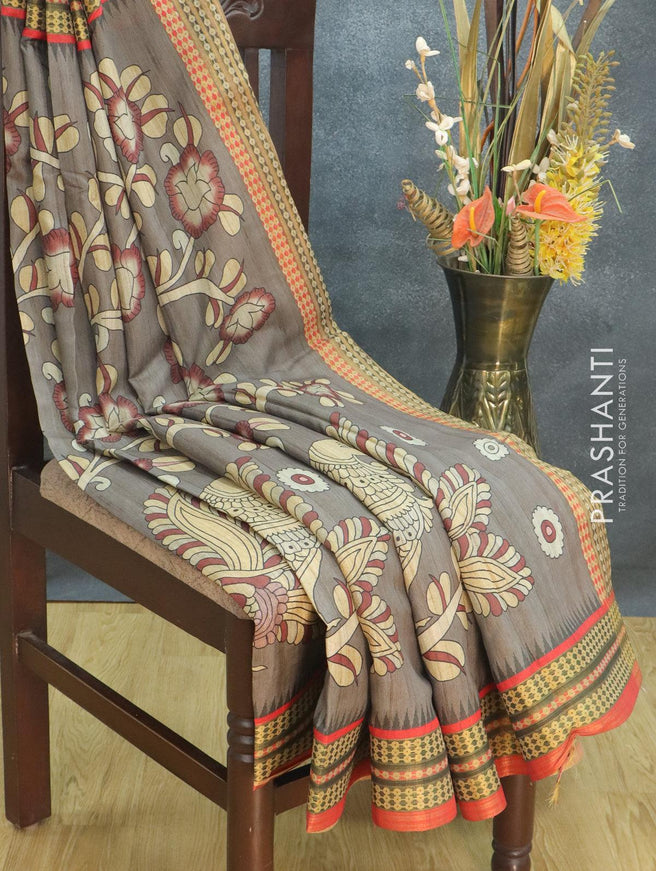 Semi tussar dupion saree dark grey and orange with allover prints and vidarbha style border - {{ collection.title }} by Prashanti Sarees