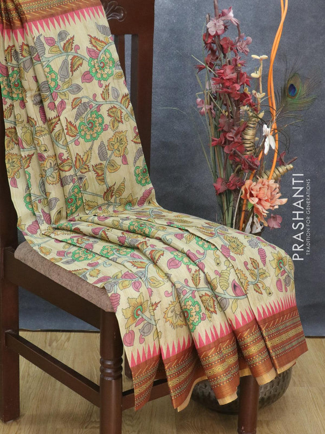 Semi tussar dupion saree elaichi green and brown with allover prints and vidarbha style border - {{ collection.title }} by Prashanti Sarees