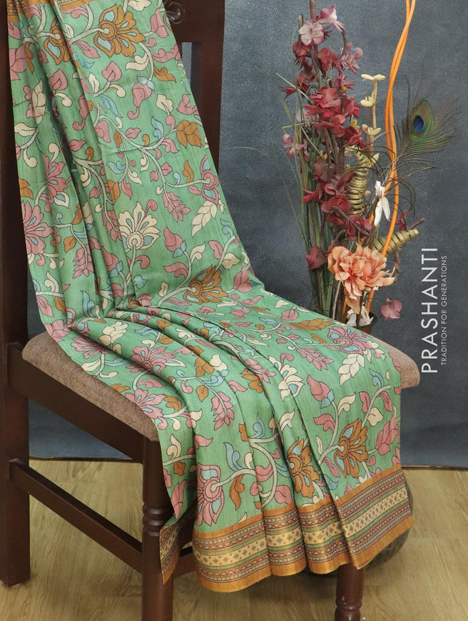 Semi tussar dupion saree green and dark mustard with allover prints and vidarbha style border - {{ collection.title }} by Prashanti Sarees