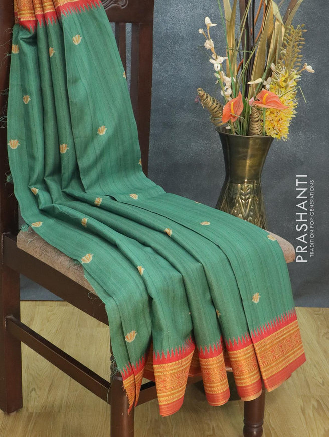 Semi tussar dupion saree green and red shade with floral butta prints and vidarbha style border - {{ collection.title }} by Prashanti Sarees