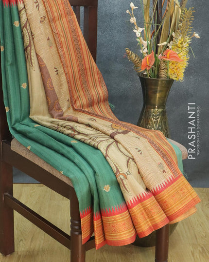 Semi tussar dupion saree green and red shade with floral butta prints and vidarbha style border - {{ collection.title }} by Prashanti Sarees