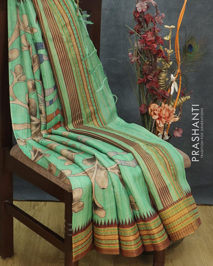 Semi tussar dupion saree green shade and brown with allover prints and vidarbha style border - {{ collection.title }} by Prashanti Sarees