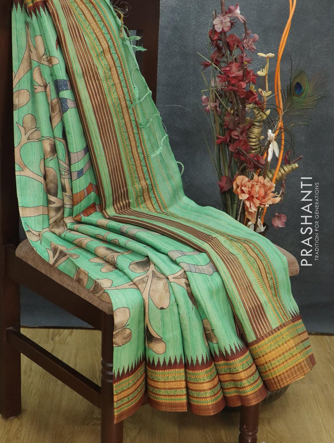 Semi tussar dupion saree green shade and brown with allover prints and vidarbha style border - {{ collection.title }} by Prashanti Sarees
