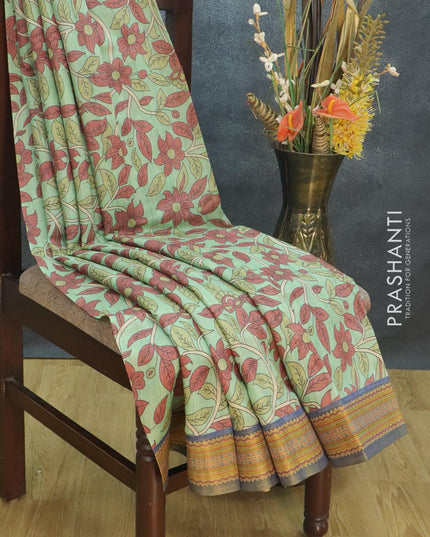 Semi tussar dupion saree green shade with kalamkari prints and vidarbha style border - {{ collection.title }} by Prashanti Sarees