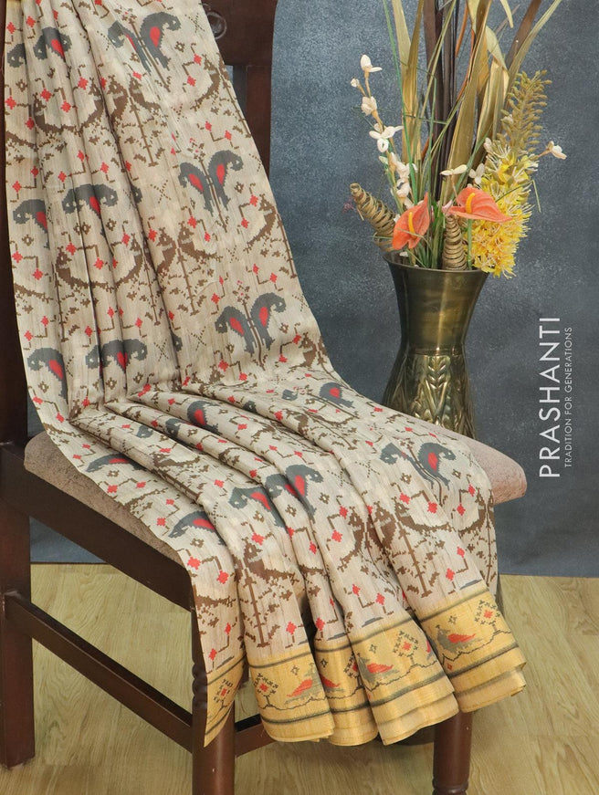 Semi tussar dupion saree grey and beige with allover prints and vidarbha style border - {{ collection.title }} by Prashanti Sarees