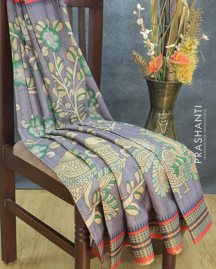 Semi tussar dupion saree grey and orange with allover prints and vidarbha style border - {{ collection.title }} by Prashanti Sarees