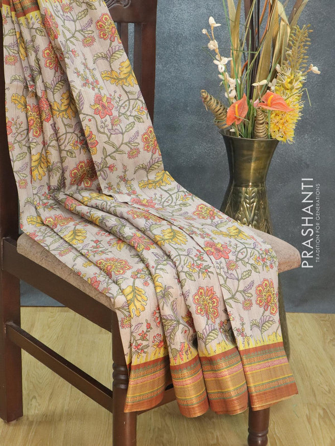 Semi tussar dupion saree grey and rustic brown with allover prints and vidarbha style border - {{ collection.title }} by Prashanti Sarees