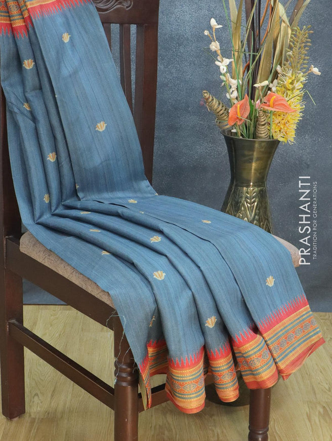 Semi tussar dupion saree gryish blue shade and red shade with floral butta prints and vidarbha style border - {{ collection.title }} by Prashanti Sarees