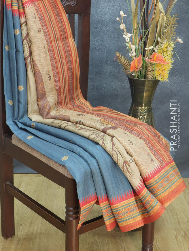 Semi tussar dupion saree gryish blue shade and red shade with floral butta prints and vidarbha style border - {{ collection.title }} by Prashanti Sarees
