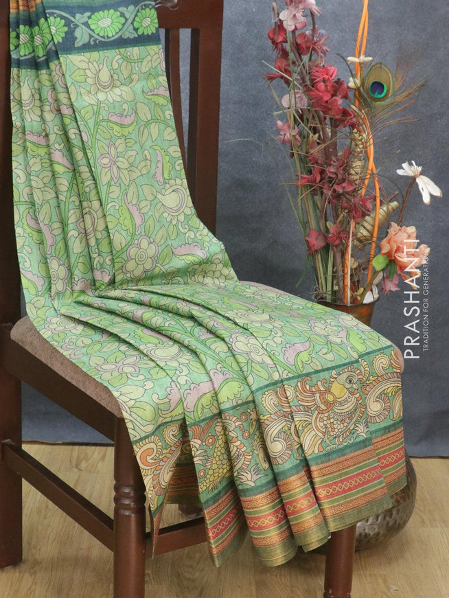 Semi tussar dupion saree light green and green with allover prints and vidarbha style border - {{ collection.title }} by Prashanti Sarees