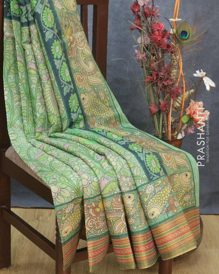 Semi tussar dupion saree light green and green with allover prints and vidarbha style border - {{ collection.title }} by Prashanti Sarees