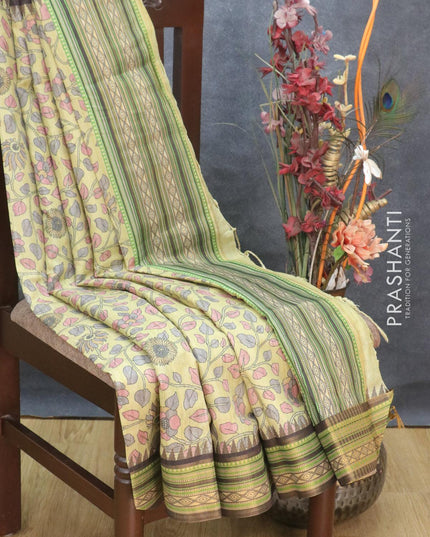 Semi tussar dupion saree lime yellow and brown with allover floral prints and vidarbha style border - {{ collection.title }} by Prashanti Sarees